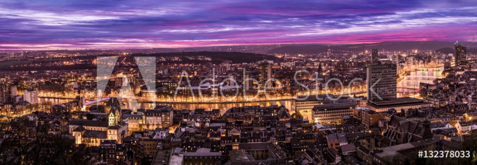 Picture of Cityscape from Mountain de Bueren in Liege Belgium at dusk The river Maas leads through the scenery